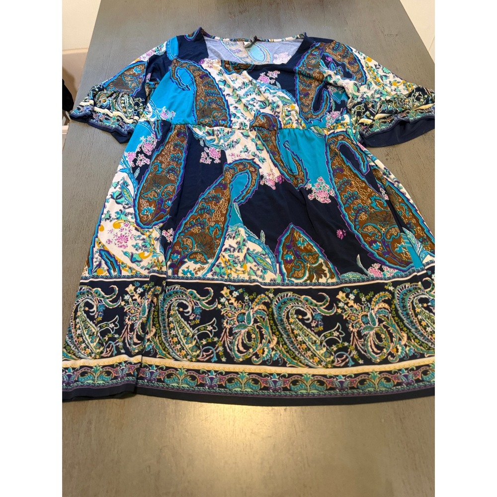 Beige by ECI Paisley Empire Waist Dress Plus Size 18W Navy Turquoise Square Neck
